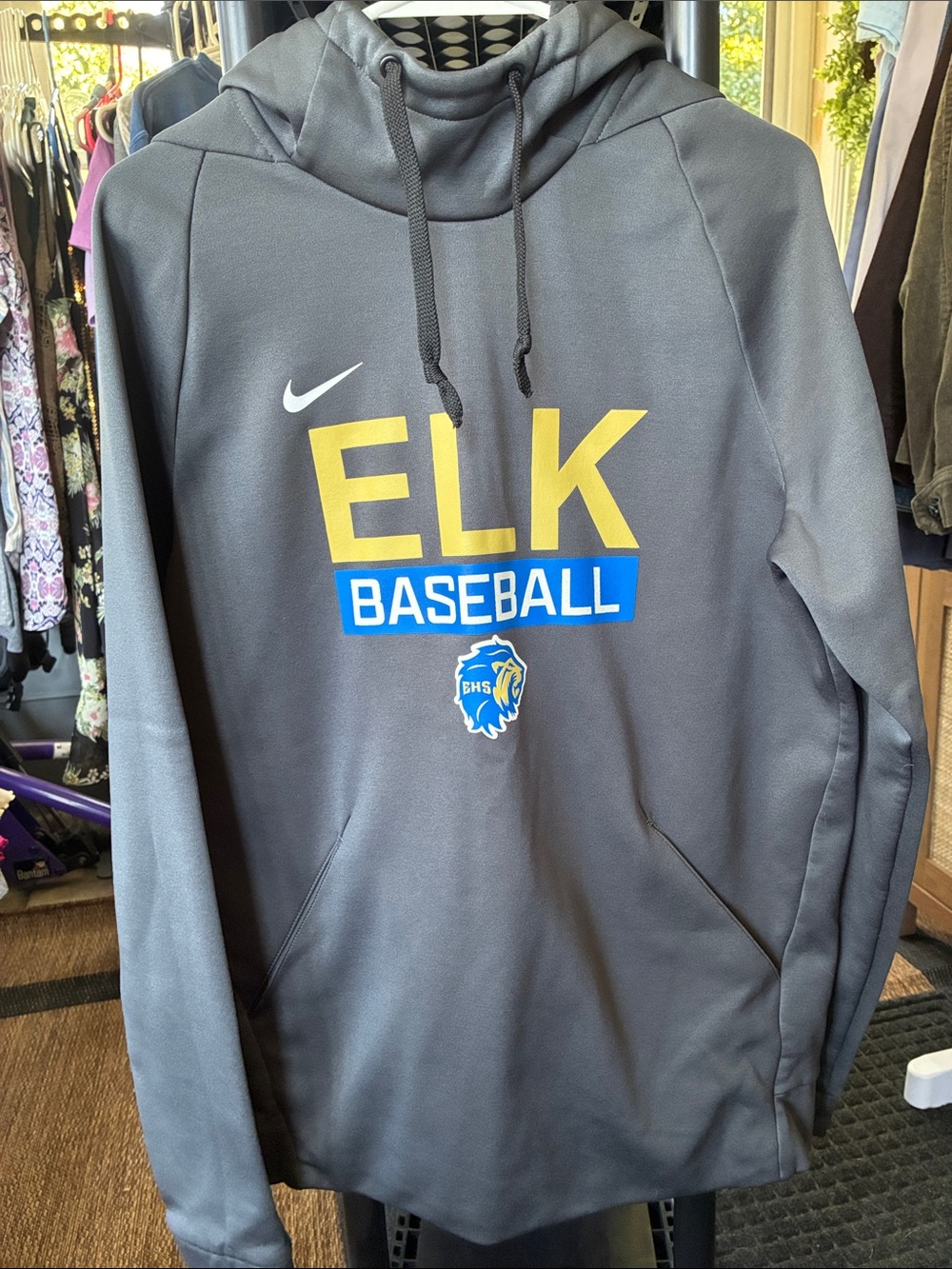 Nike Gray Elkhart Lions Baseball Pullover Hoodie with Yellow and Blue Graphics